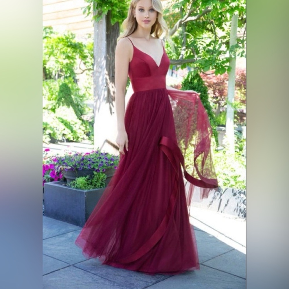 Hailey Paige burgundy satin and tulle gown